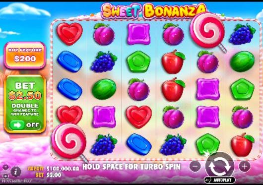 Base game: 6×5 grid, Buy Feature and Ante Bet on the left, stake and spin controls below