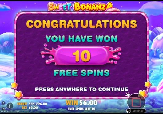 Four or more lollipop scatters award 10 free spins