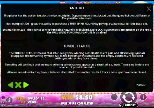Game rules: Ante Bet (bet multiplier 25×) doubles the chance of free spins and disables the bonus buy