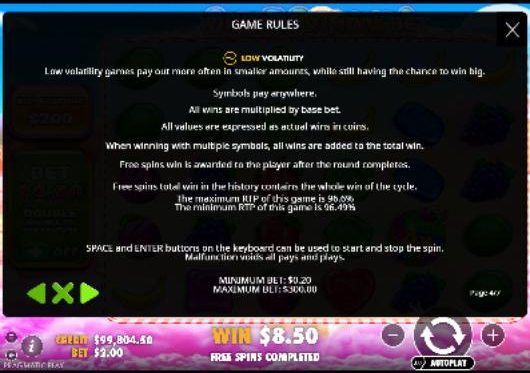 Game rules page showing the RTP of this version — check it before you play