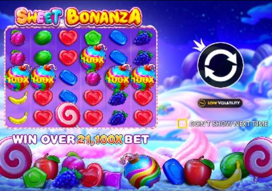 Sweet Bonanza intro screen: rainbow multiplier bombs and the 21,100× maximum win